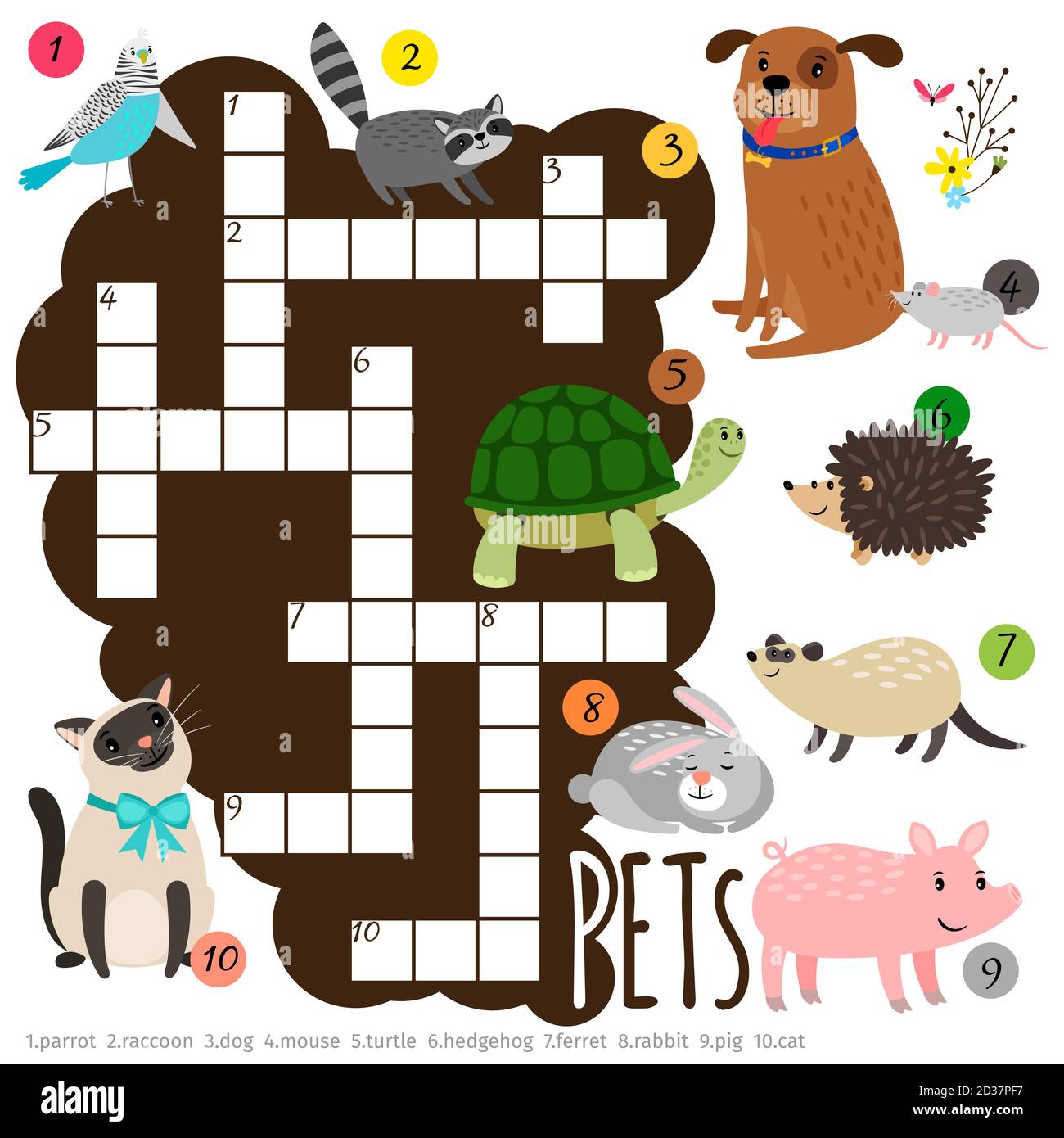 Kids crossword with cartoon character pets vector illustration Stock Vector