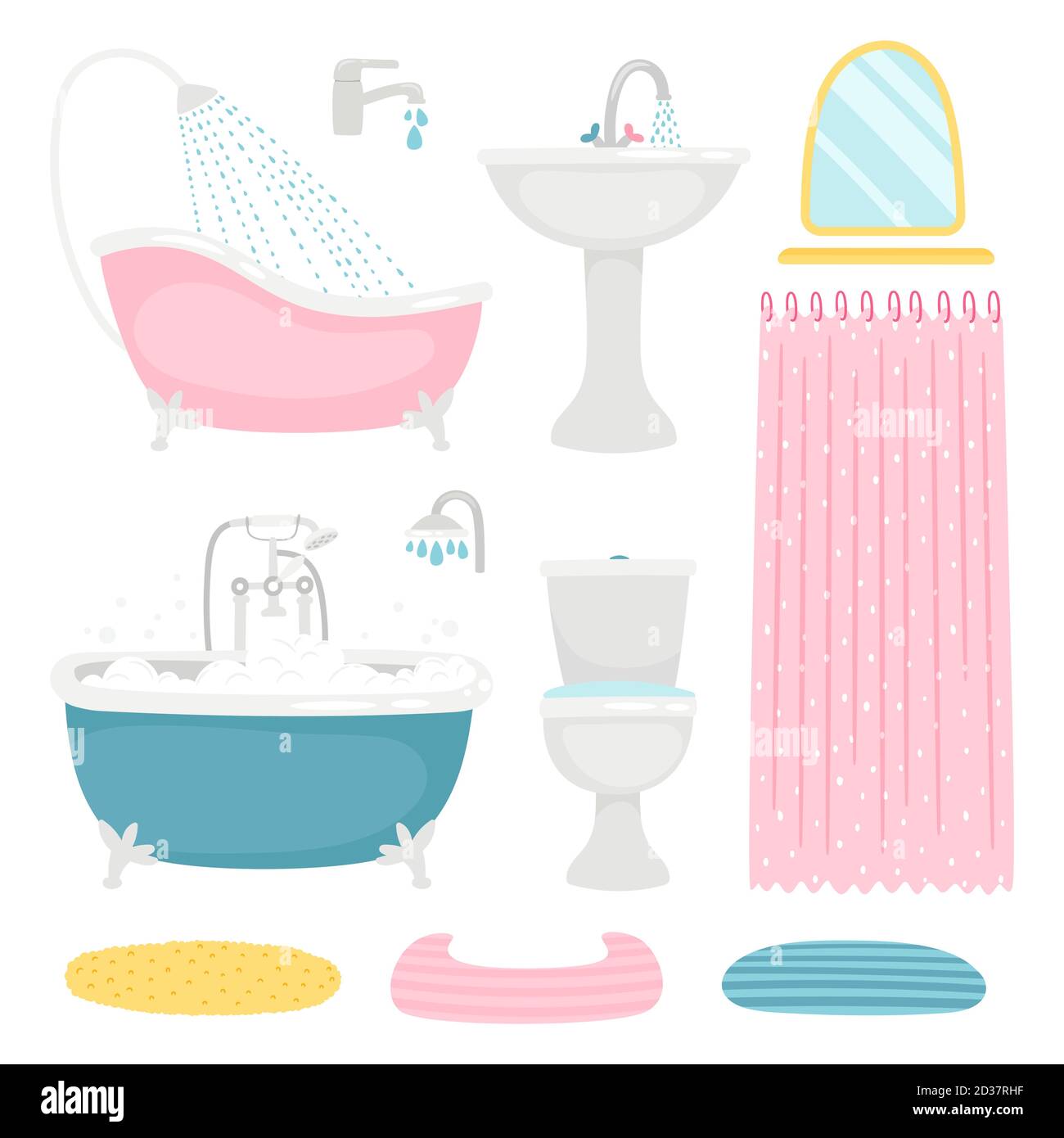 Vector basic bathroom design elements, toiletee and bath, sink isolated on white background Stock Vector
