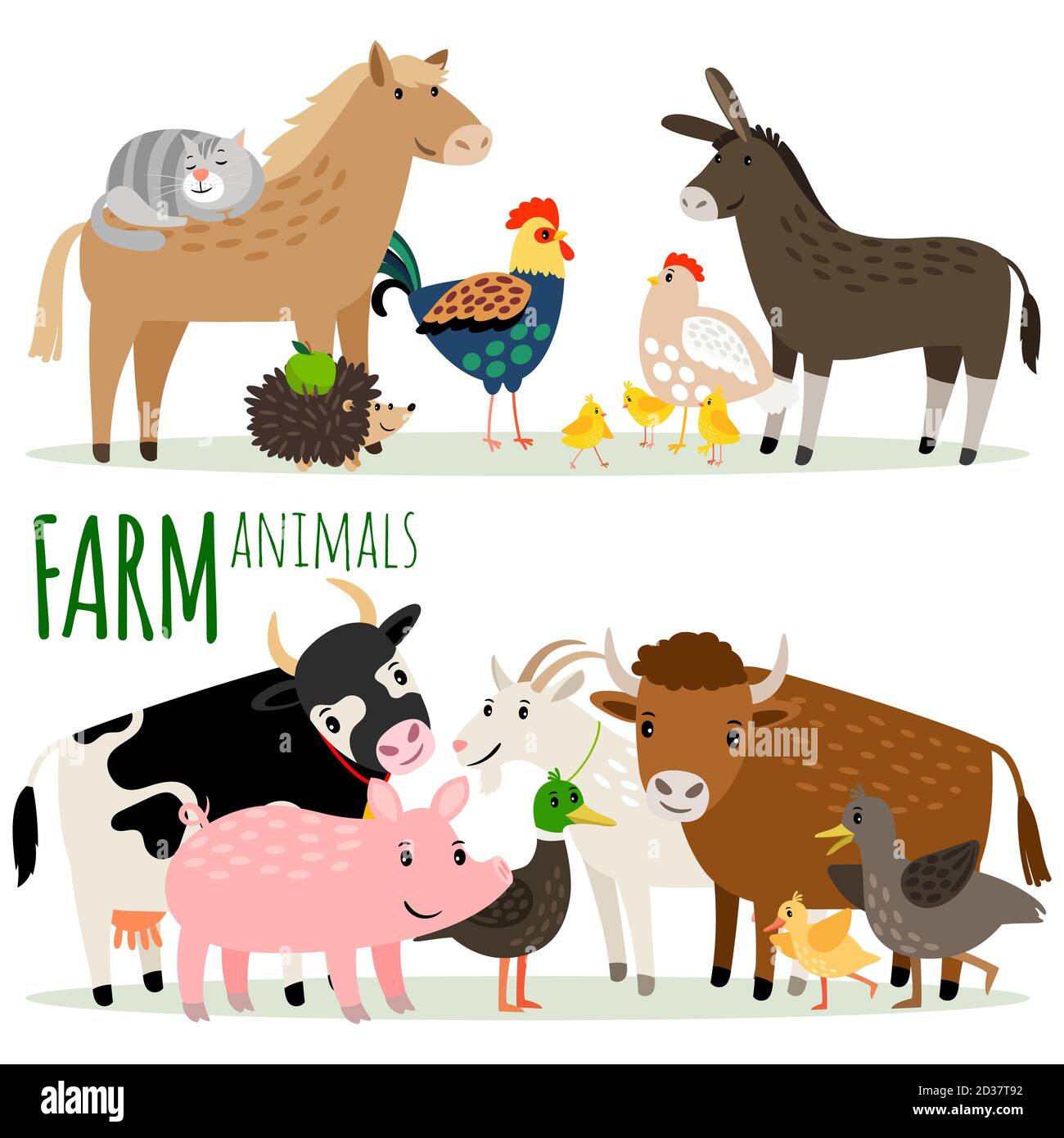 Farm animals cartoon characters vector groups isolated on white background Stock Vector