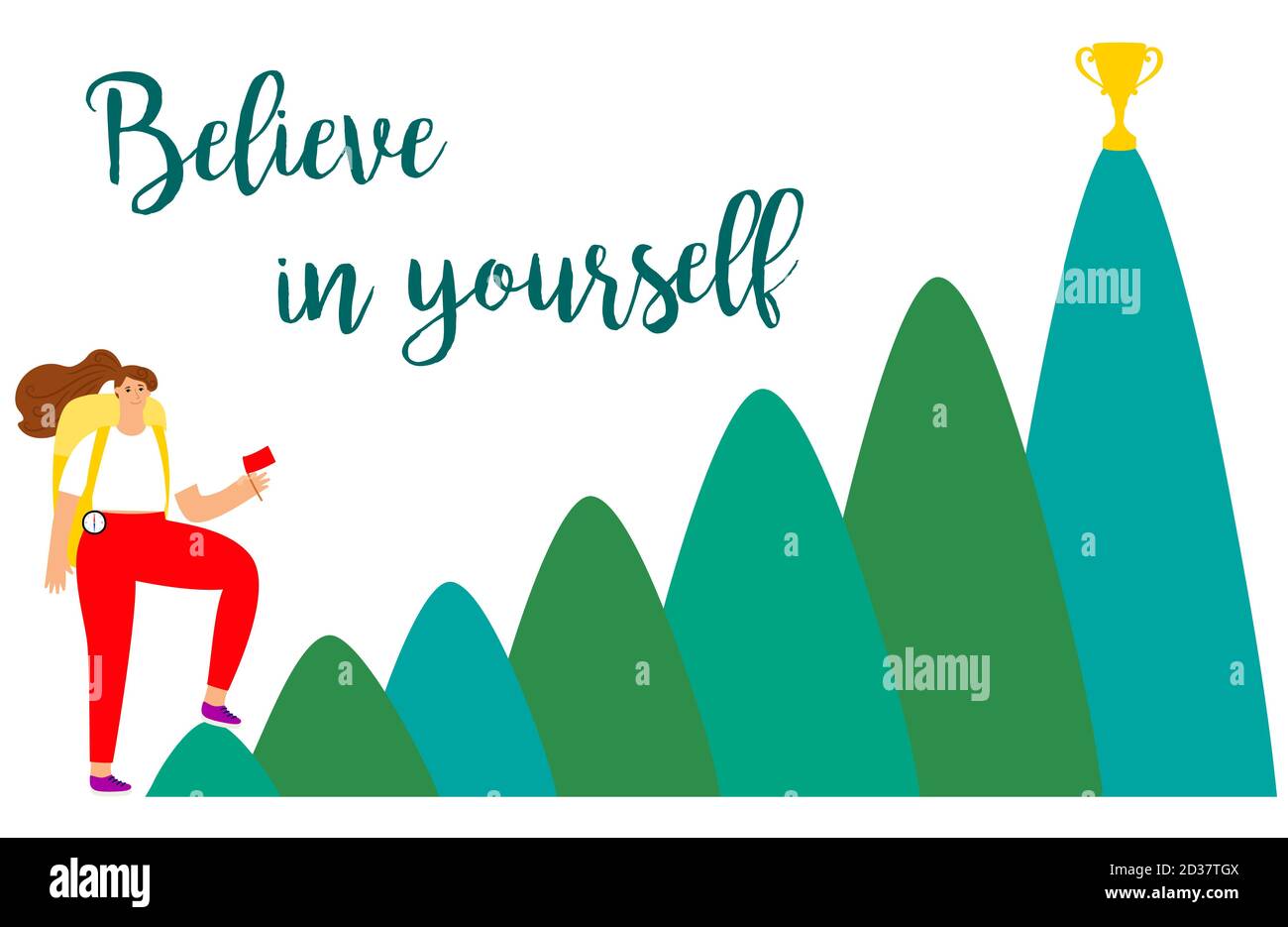 Female Believe In Yourself Vector Concept With Girl Mountains And Gold Trophy On The Top Believe In Yourself Mountain Achievement Leadership Up To Peak Illustration Stock Vector Image Art Alamy