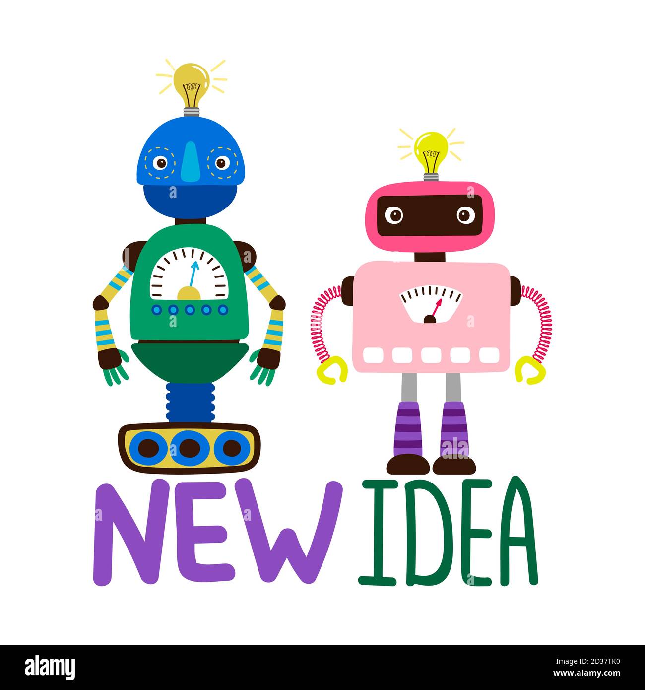 Male and female robots vector illustration - new idea card or print design. Robot technology character, cartoon intelligence android Stock Vector
