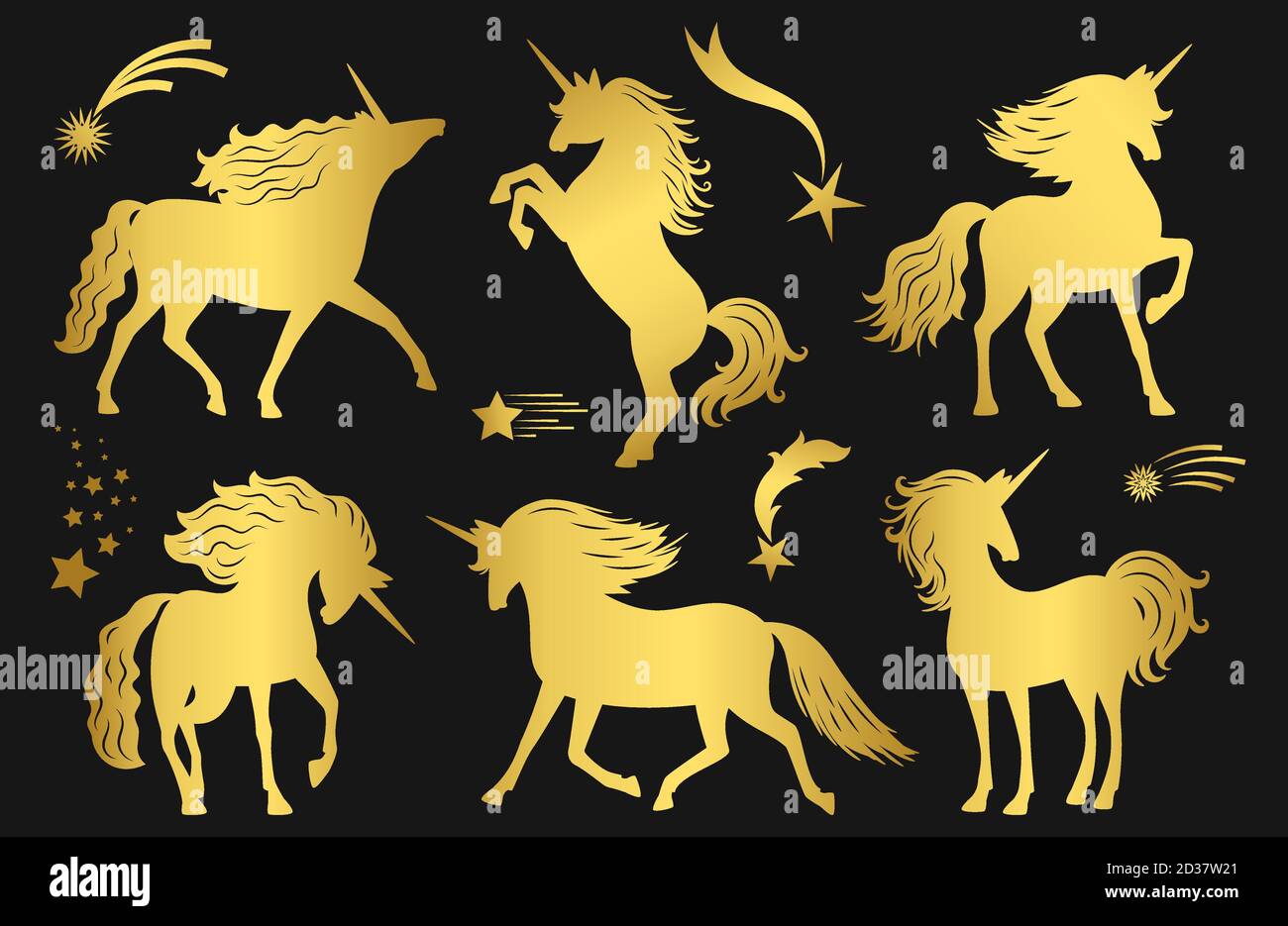 Magic golden unicorns and falling stars vector set. Illustration of magic unicorn with star fantasy, doodle fairytale creature Stock Vector