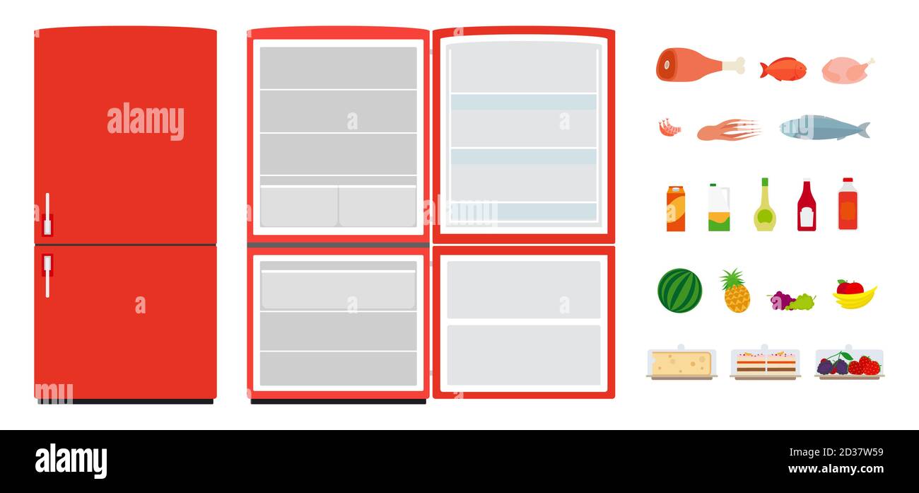 Red flat fridges. Close and open empty refrigerator. Vector food icons. Illustration of refrigerator and fridge open, freezer with nutrition Stock Vector