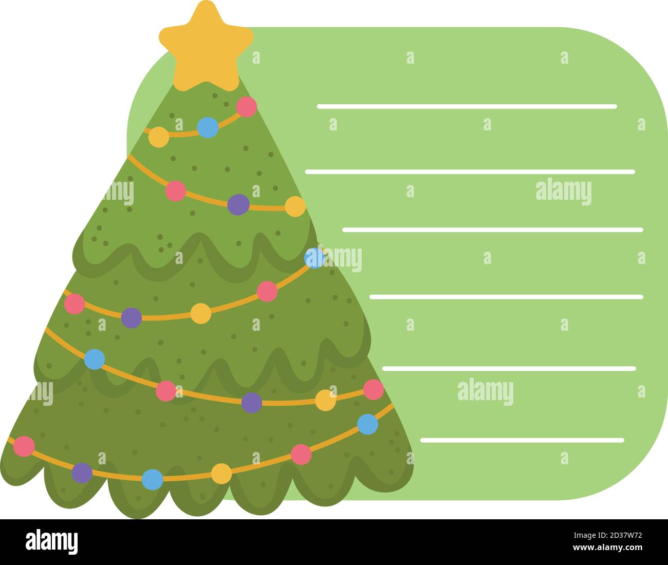 merry christmas, greeting card pine tree with star and balls cartoon ...