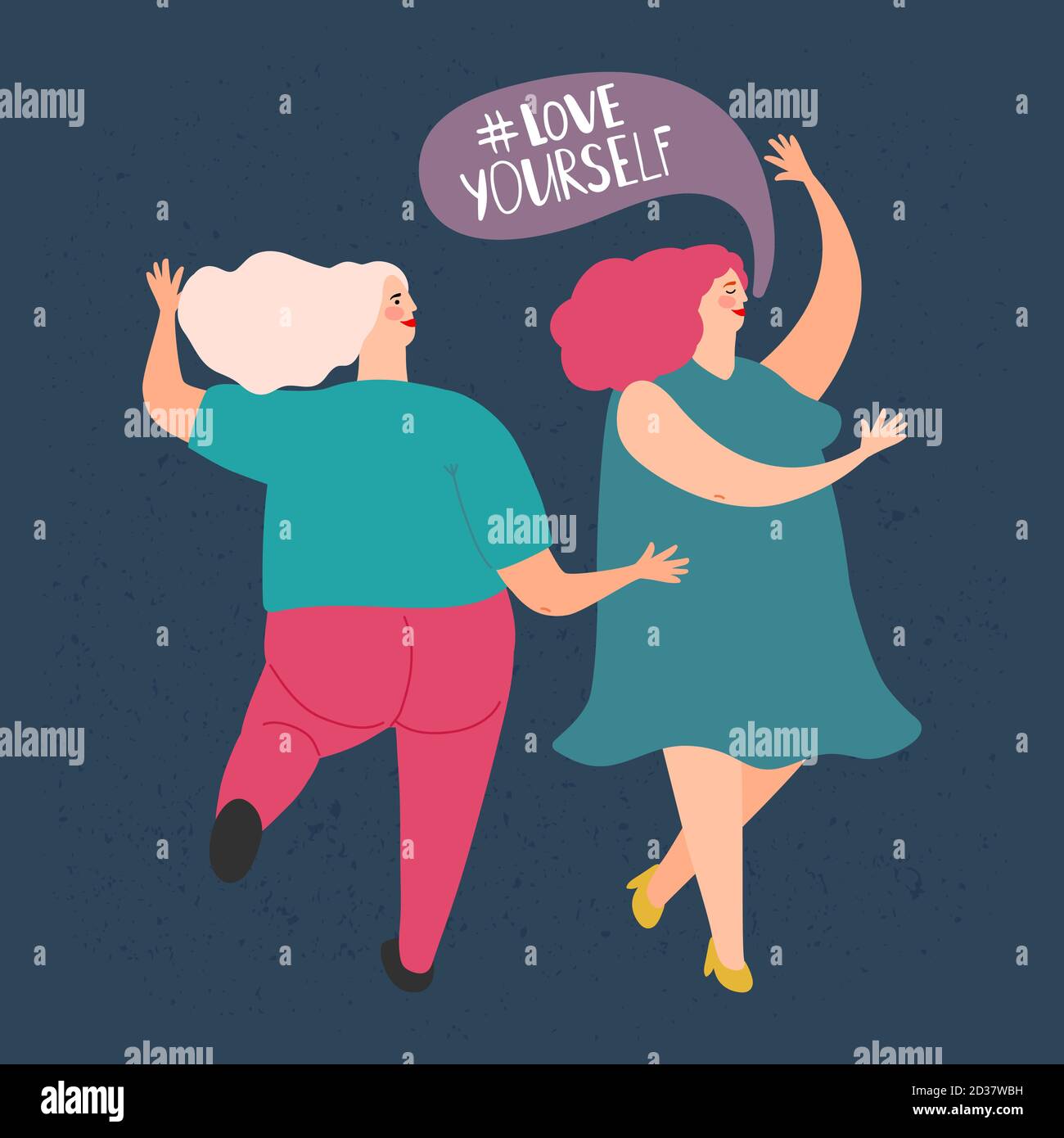 Two plump dancing women. Vector love yourself concept. Illustration of young woman merriment, pretty attractive Stock Vector