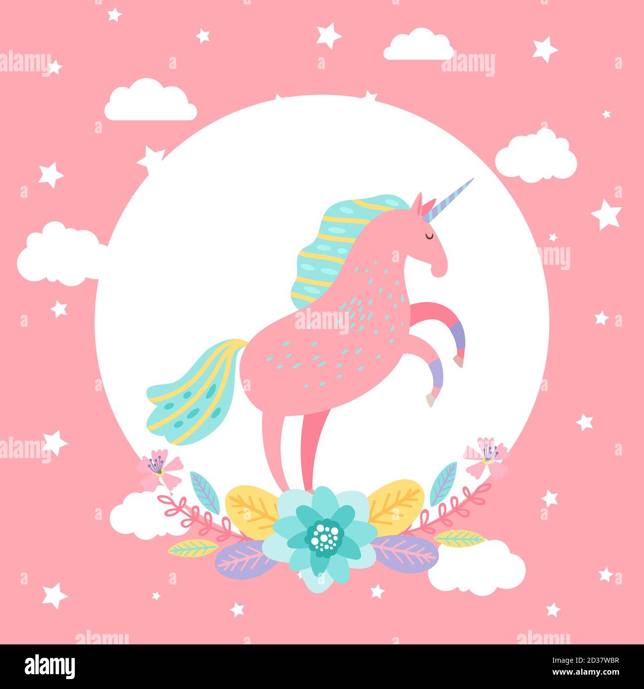 Cartoon unicorn with stars, flowers vector card template. Illustration of unicorn magic, funny animal Stock Vector
