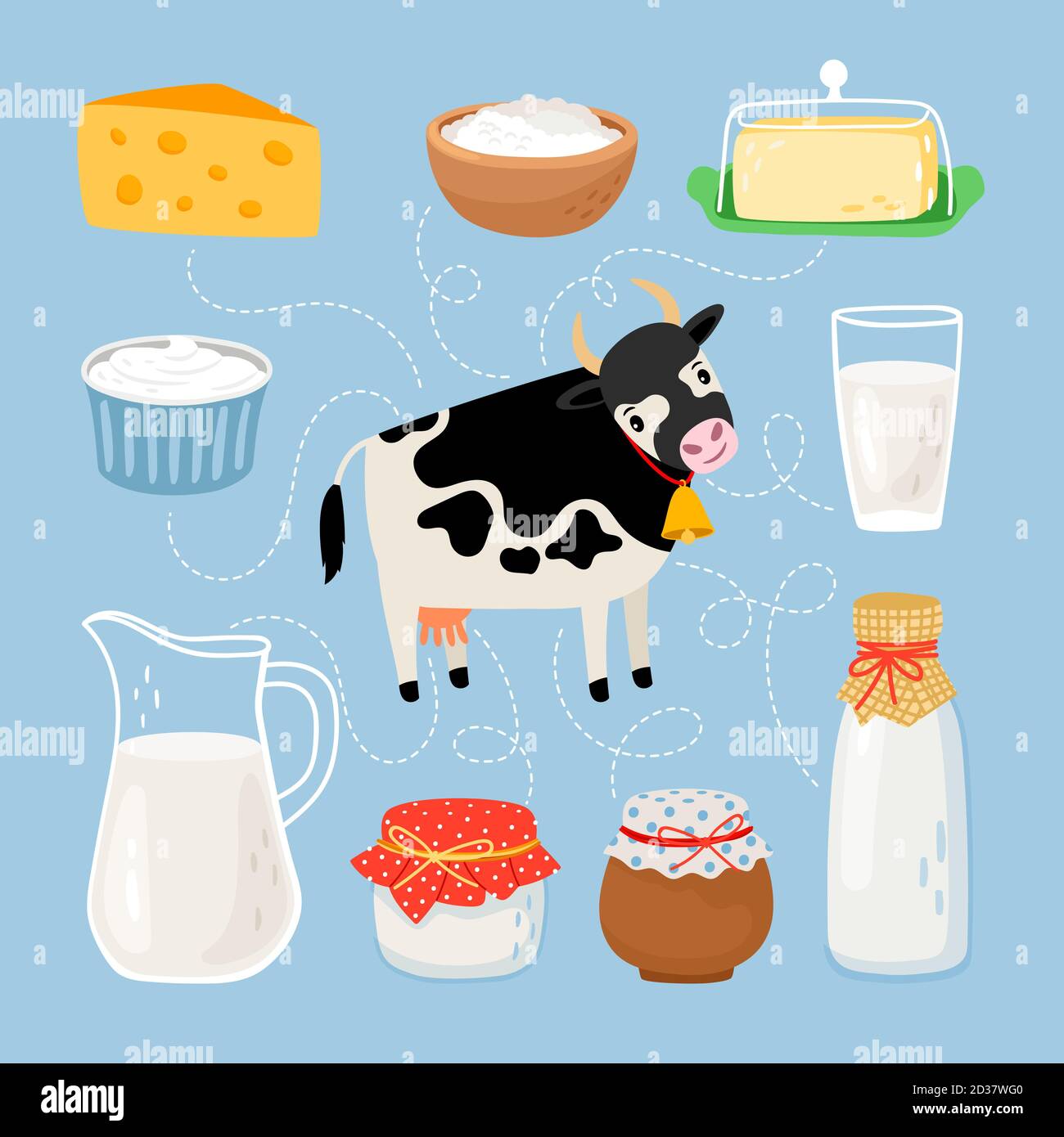 Cow and dairy products. Milk product products around cow, cheese slab