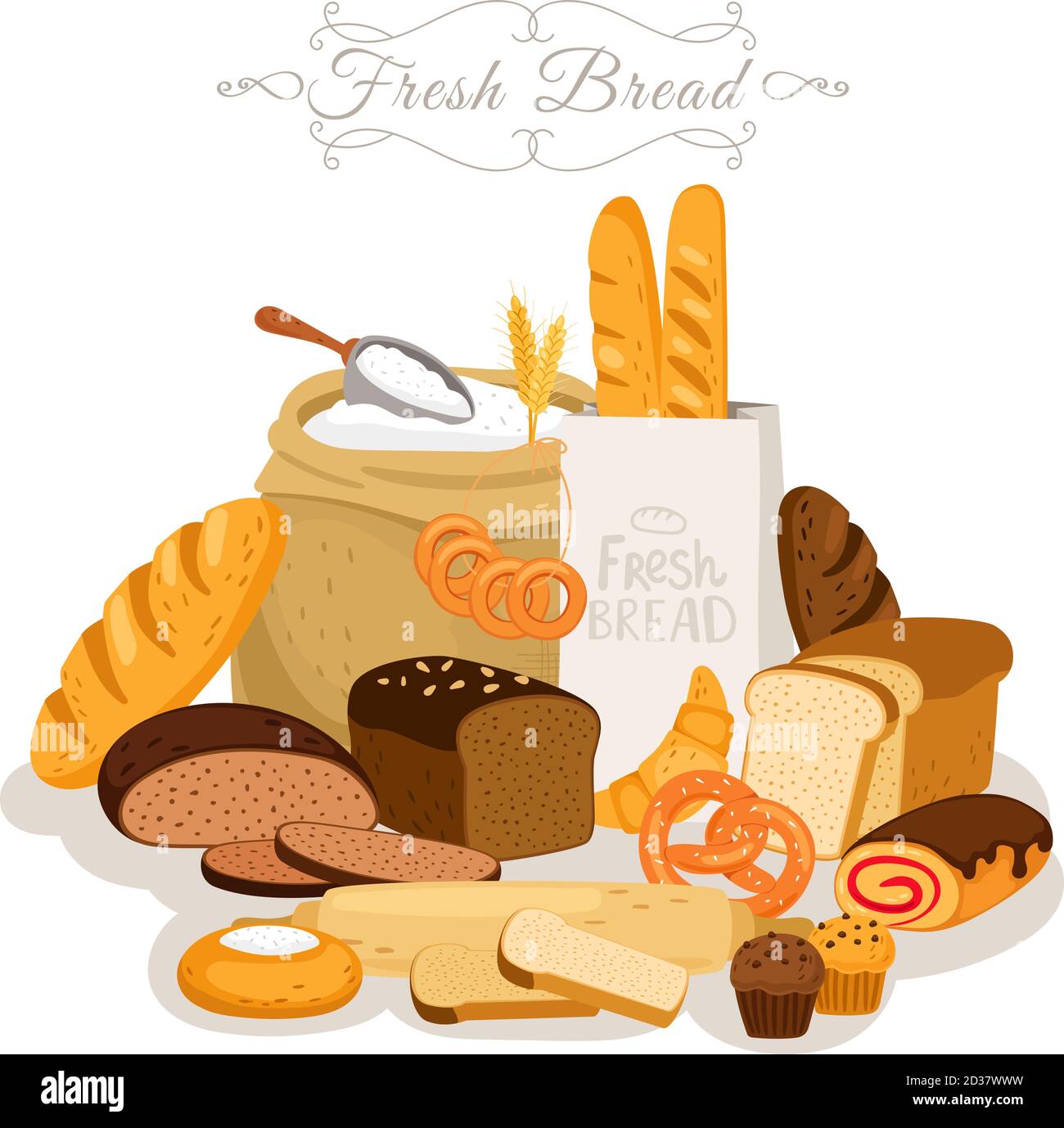 Cartoon, bread flour and pastries. French baguette and breakfast croissant,  bakery snacks and chocolate cake, pastry pretzel, buns and loaf rye sliced  breads vector illustration Stock Vector Image & Art - Alamy