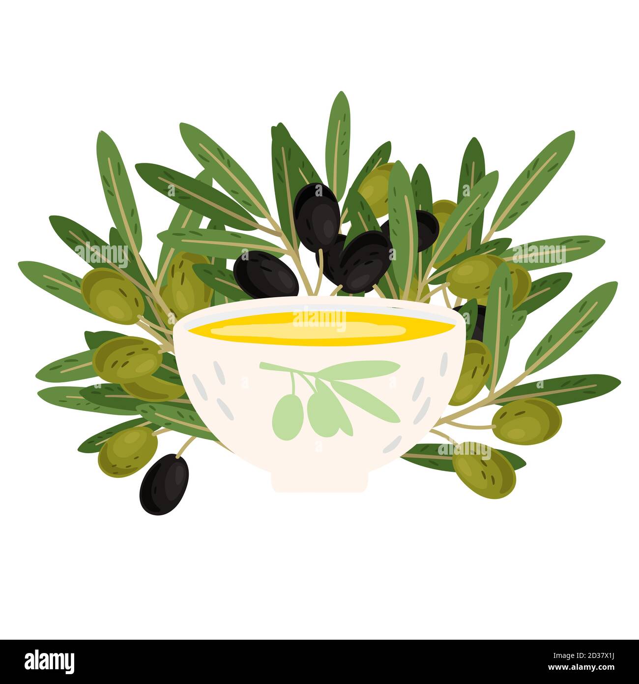 Bowl with fresh olive oil and olives branches vector illustration Stock ...