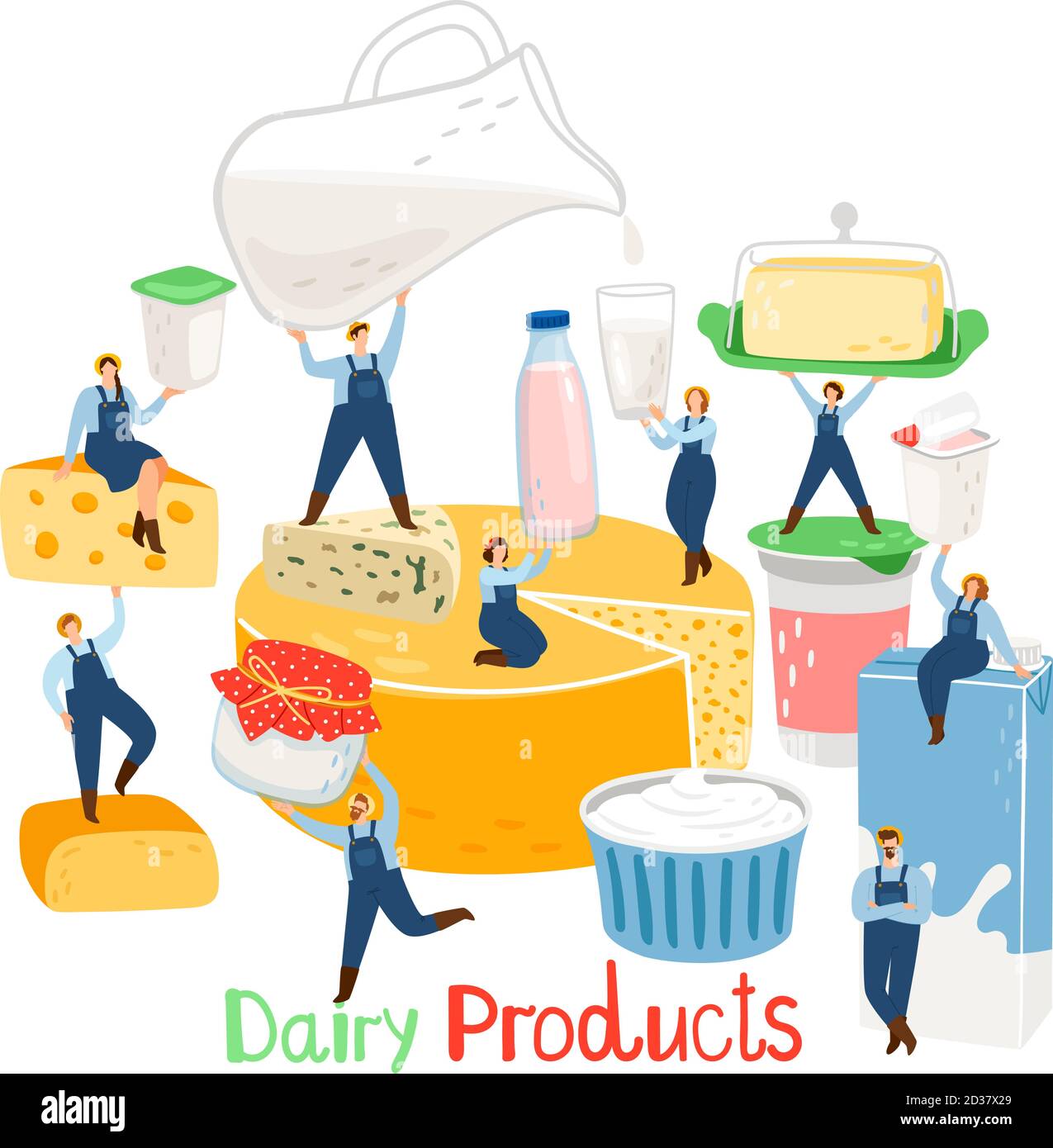 Dairy farm people. Healthy nature milk farm products with vector farmers cartoon person characters, cheese and butter, cream and yogurt Stock Vector