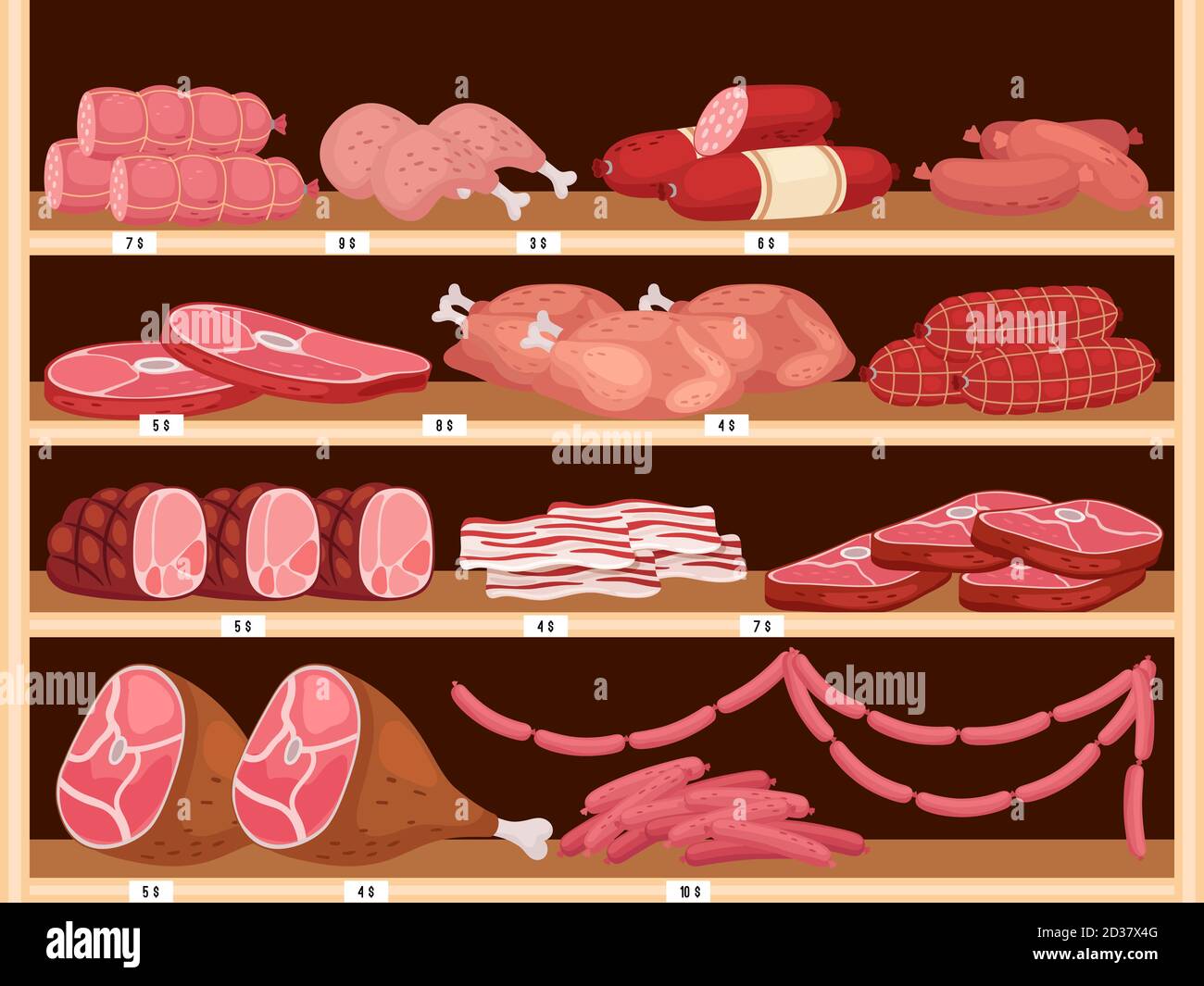 Meat on shelves. Fresh sausages, pork ham and assorted raw beef meat in
