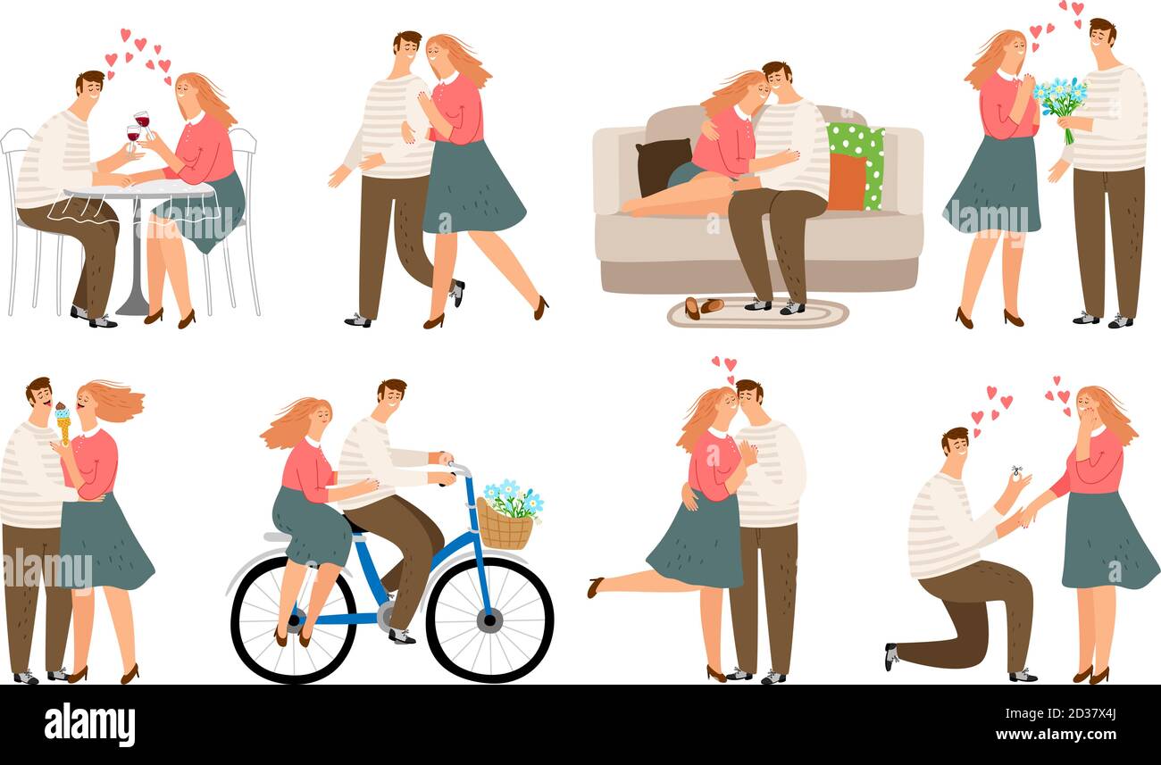 Couple situations. Young people, woman and man in love kiss walk quarrel and couch sofa. Vector illustration set Stock Vector