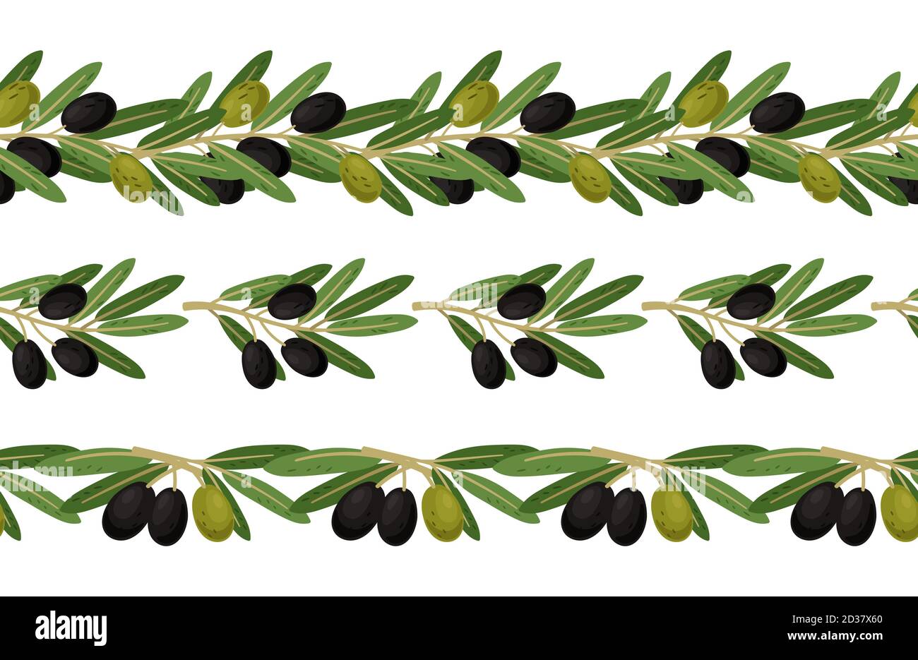 Olives and olive branches seamless border vector collection Stock Vector
