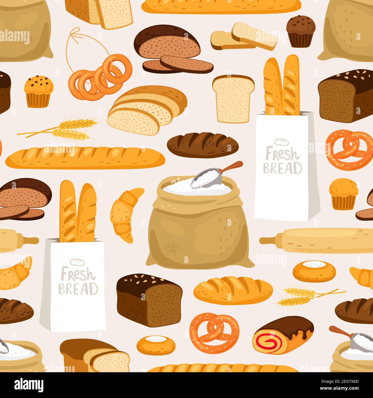 Bakery bread seamless pattern. Cartoon breads products and pastries