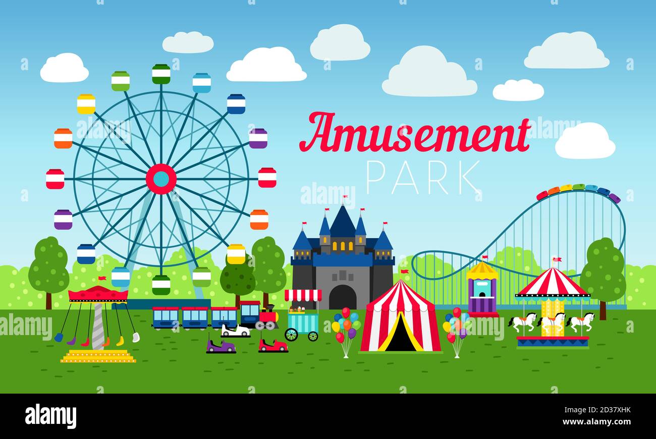 Attractions park design, vector illustration. Amusement entertainment park  colorful background with fun roller ride, carnival games, rollercoaster and  cartoon circus tents Stock Vector Image & Art - Alamy