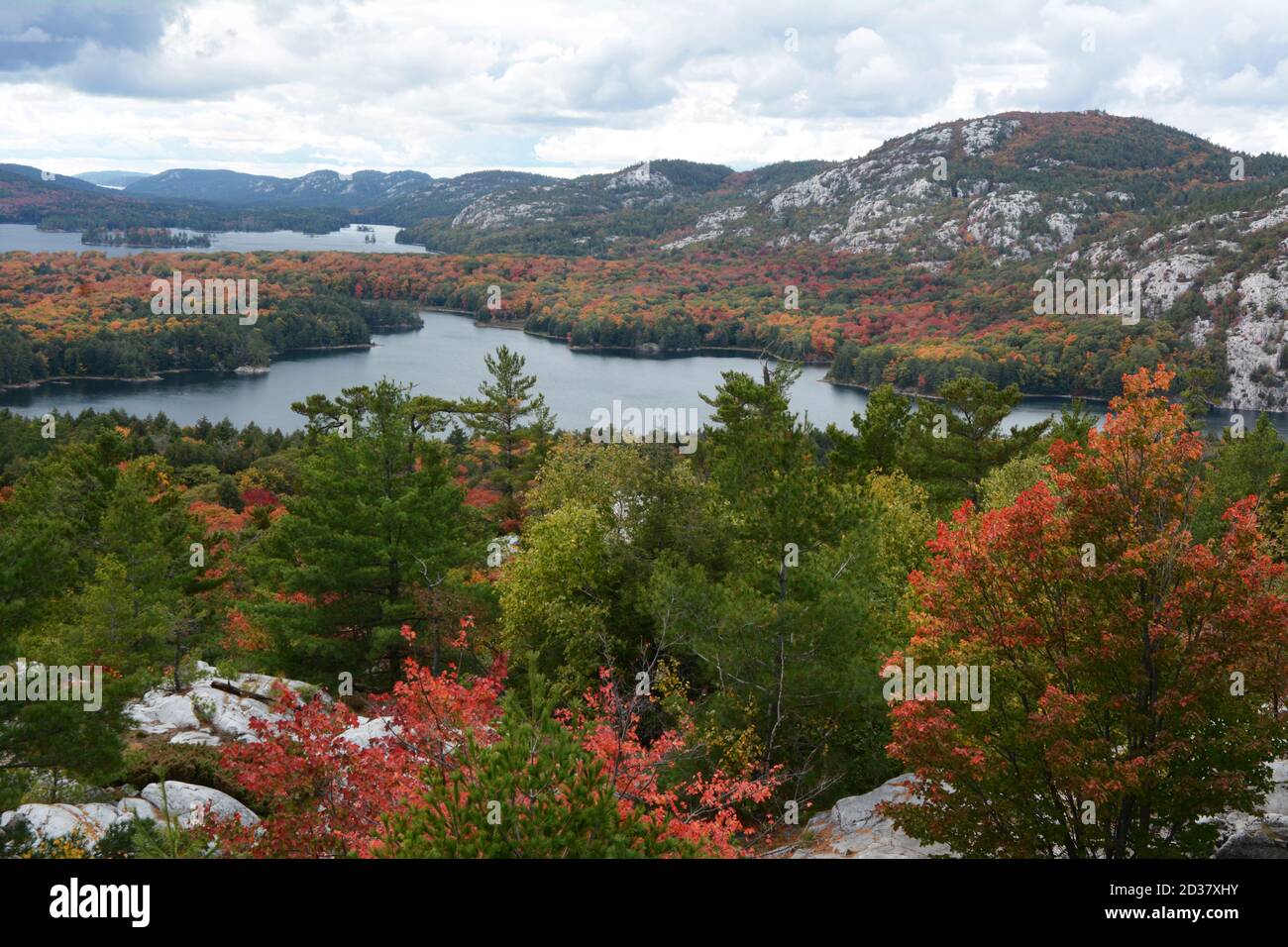 The view of Killarney Lake and the quartzite La Cloche Mountains from the top of The Crack hiking trail, Killarney Provincial Park, Ontario, Canada. Stock Photo