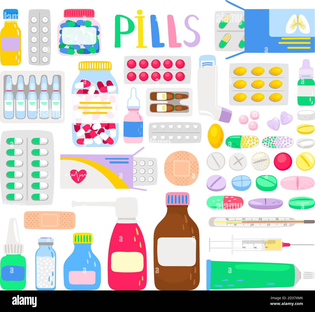 Medicines and medications. Treatment pills and analgesic tablets, aspirin bottle container and