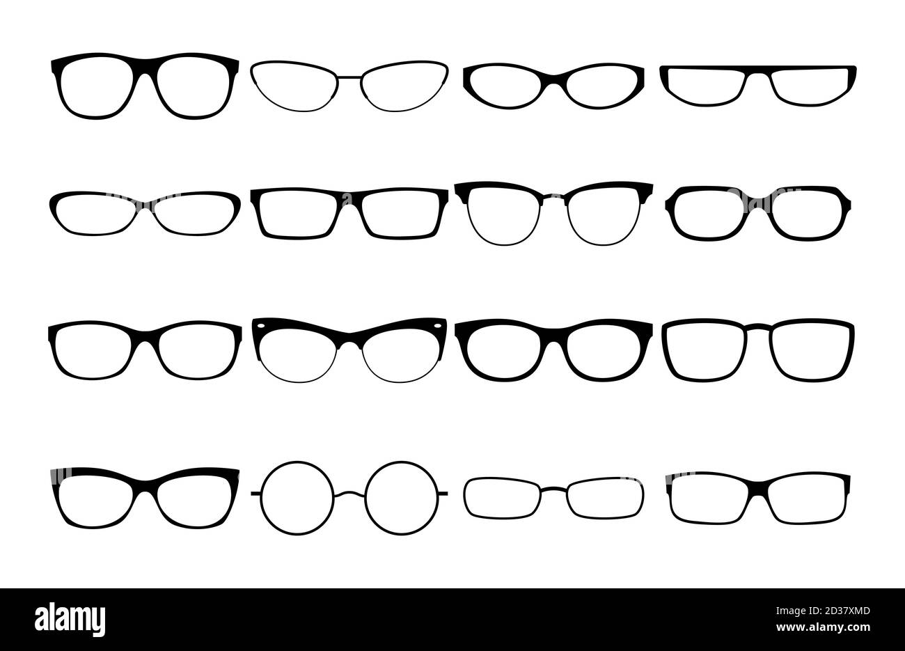 Vector glasses frames. Black rim glasses vector collection, eyeglasses frame fashion model set, sunglass spectacles silhouettes for man and woman Stock Vector