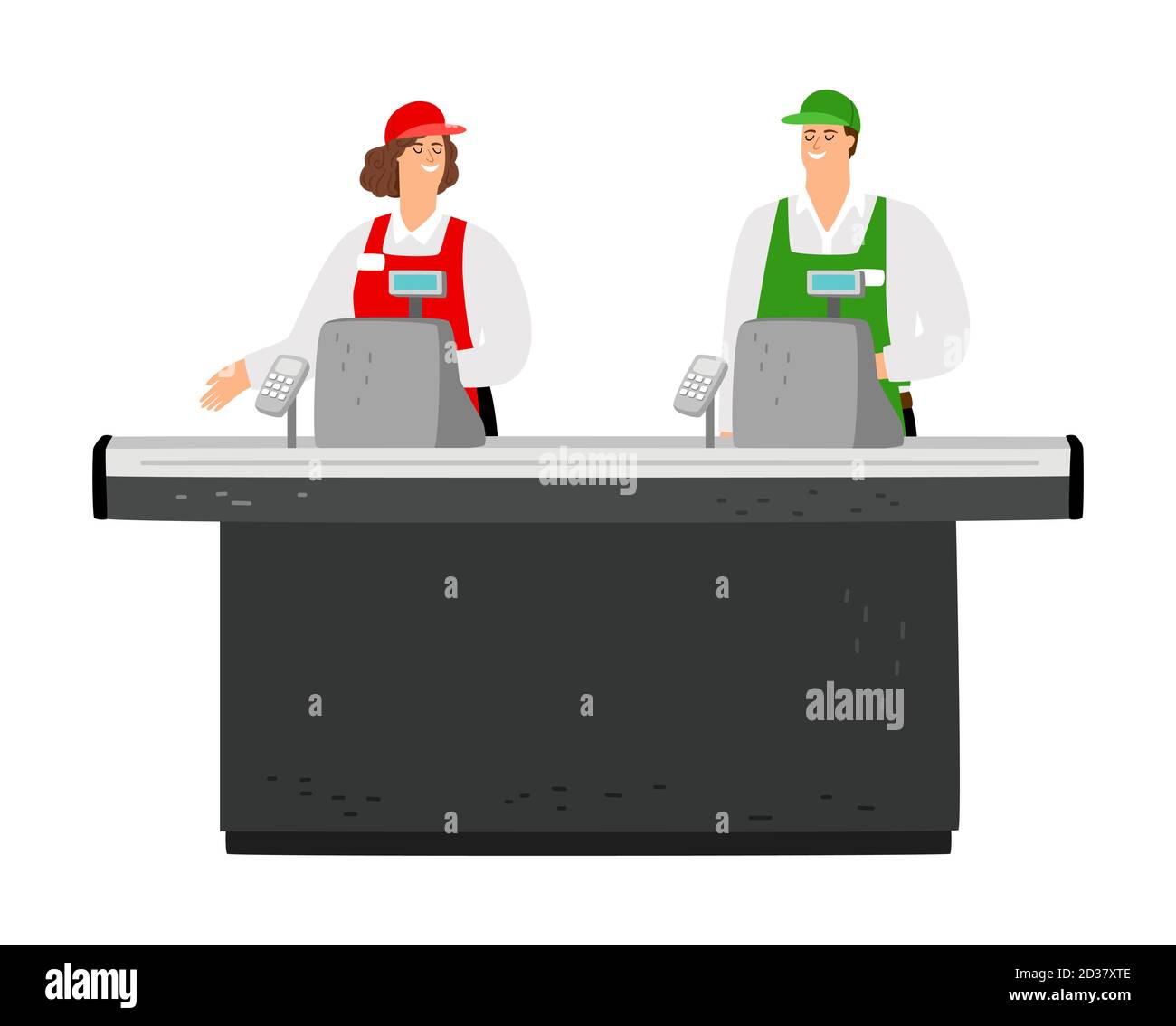 Free cash desk. Happy cashiers vector characters. Supermarket staff