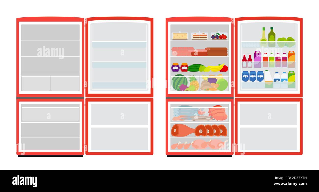 Empty and full fridge. Vector red refrigerator with food isolated on white background. Freezer and refrigerator, fridge with food and empty illustration Stock Vector
