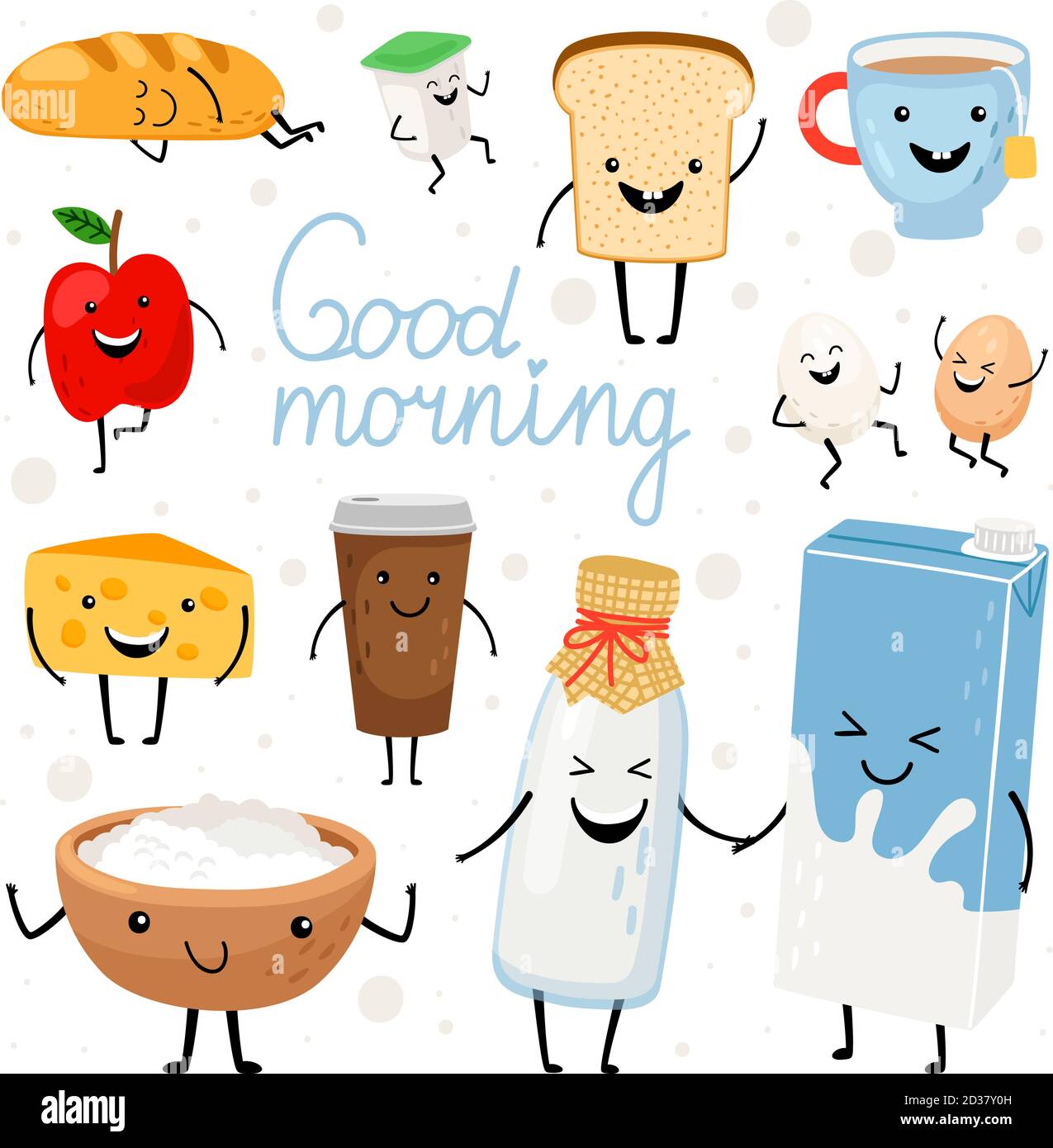 Dairy products kawaii flat vector illustrations set. Milk bottle, tea cup,  cheese with cute smiling faces cliparts pack. Healthy breakfast meal  ingredients. Fresh apple, yogurt design elements Stock Vector Image & Art -