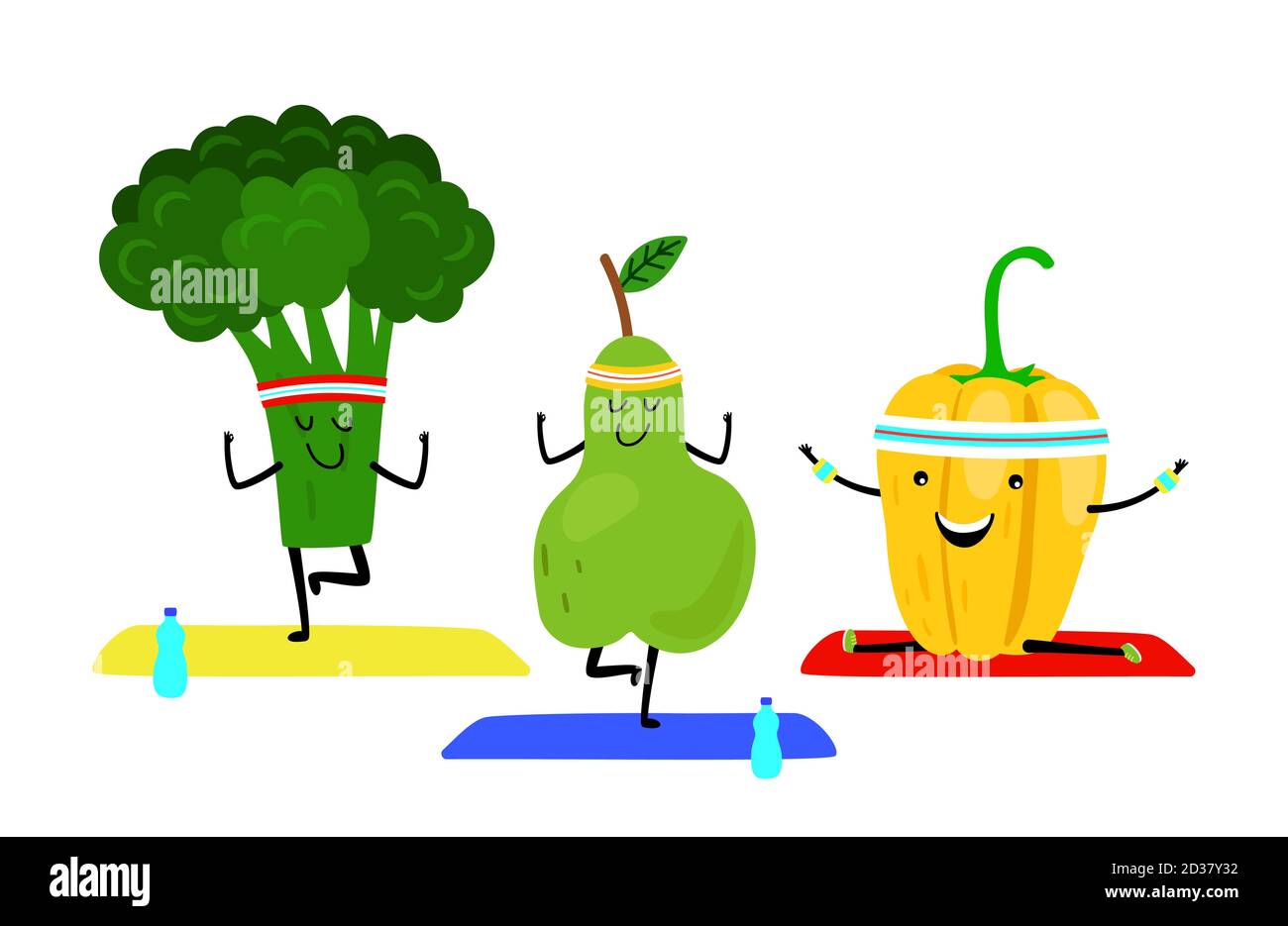Yoga class. Vector cartoon fruits do yoga exercise. Healthy food ...