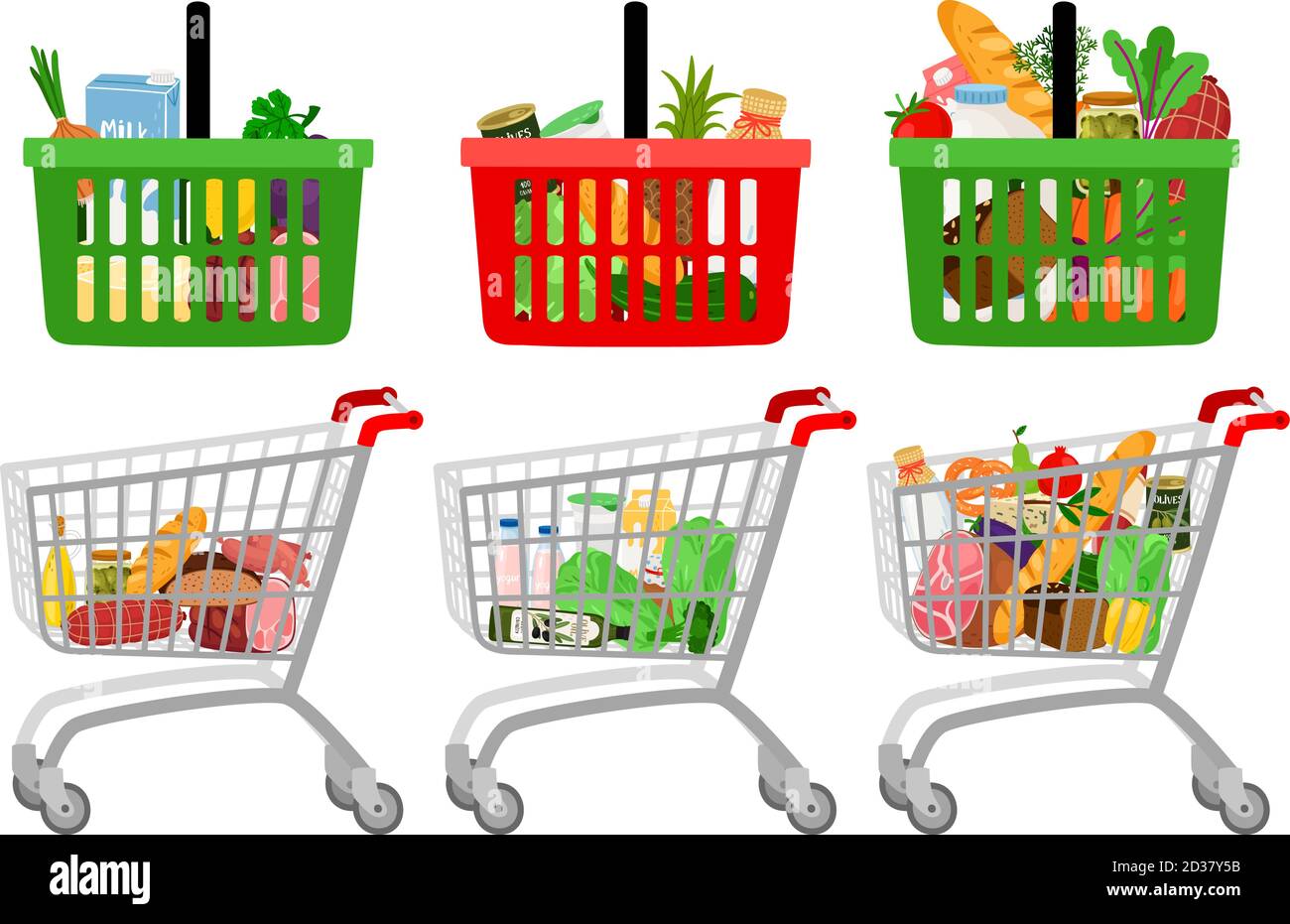Grocery shopping cart and basket. Vector cartoon supermarket customer  shopping trolley with groceries food isolated on white background Stock  Vector Image & Art - Alamy