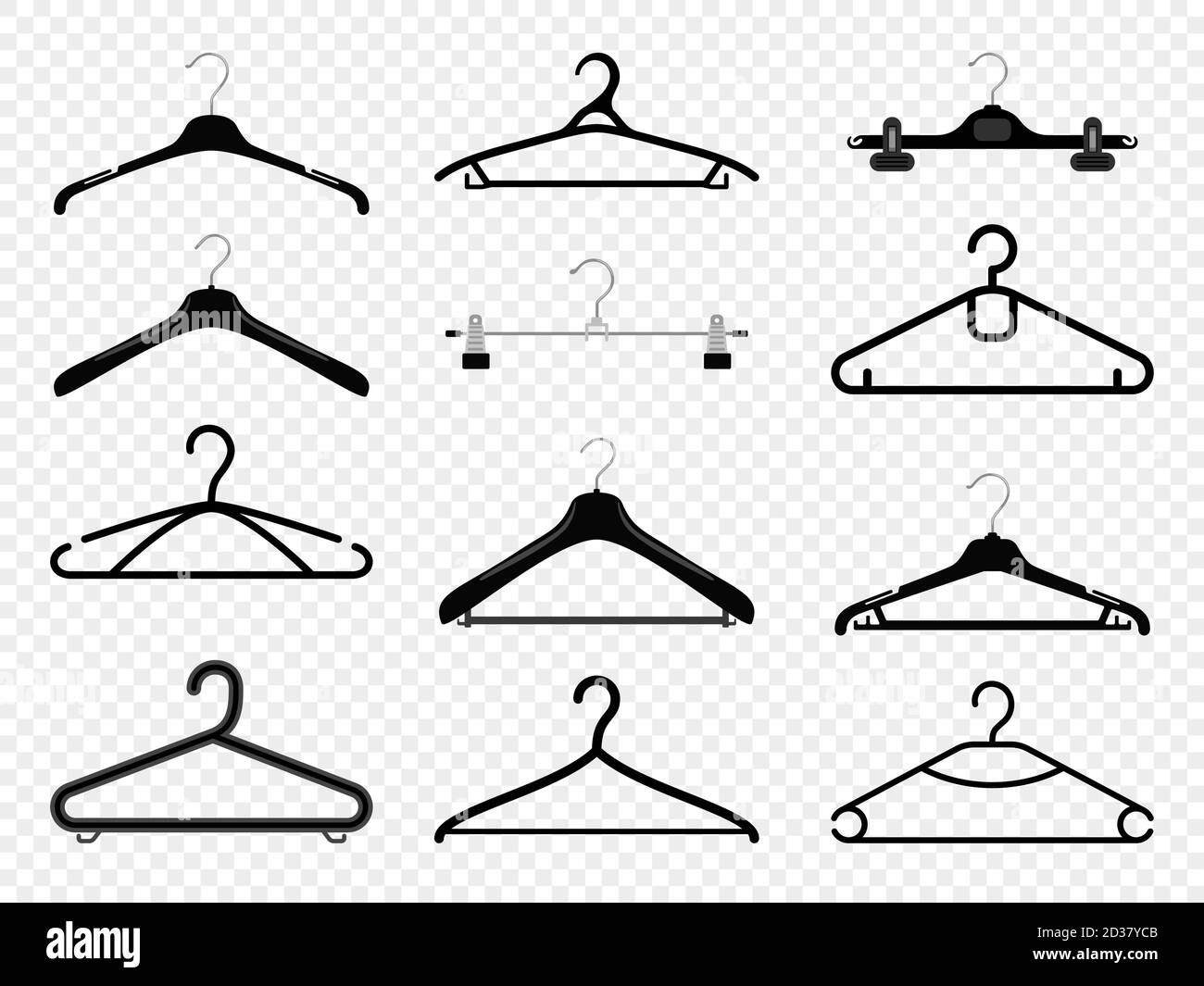 Hanger silhouettes. Hangers clothes fashion equipment isolated on transparent, retail boutique or wardrobe house hang out metal racks with hooks for coat and dress, pants and shirt, vector Stock Vector