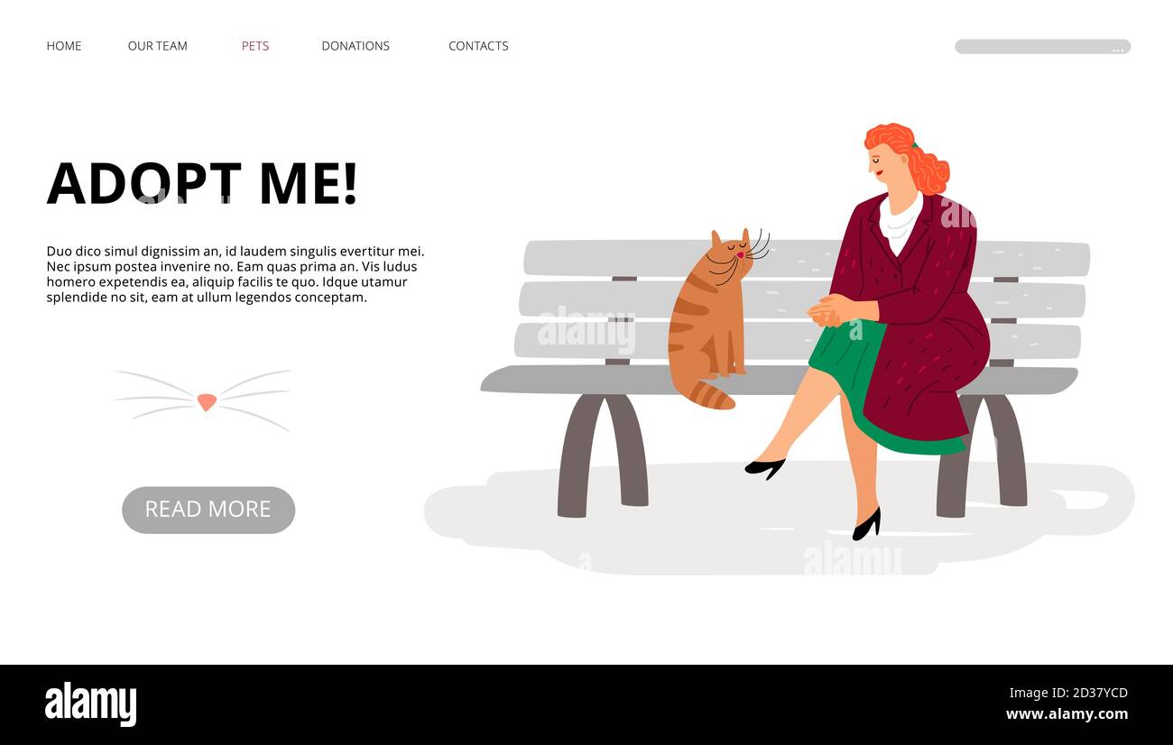 Pets adoption landing page. Adopt me web banner. Vector cartoon woman