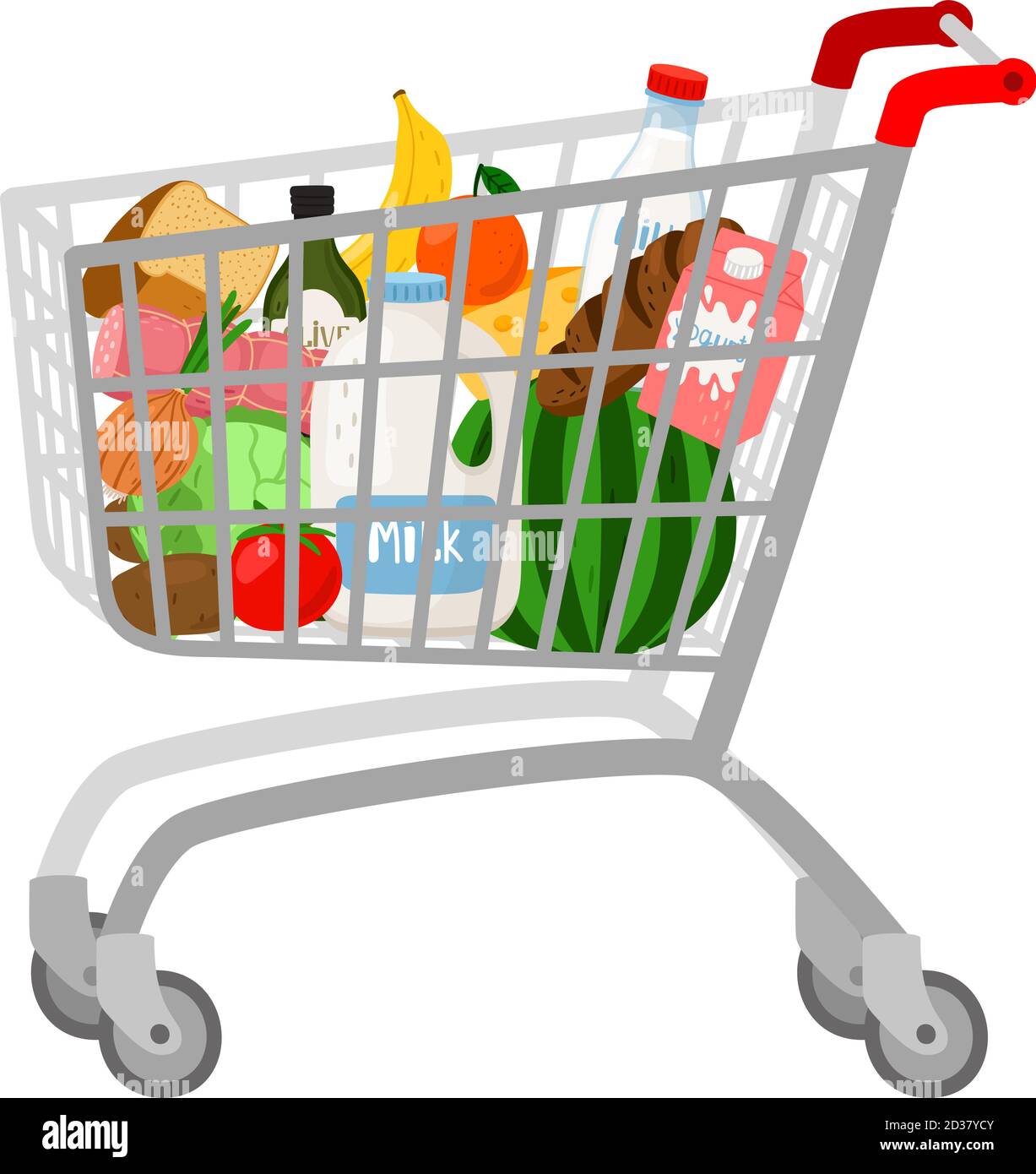 Backward plastic Navy Grocery shopping cart on white. Full supermarket food basket vector  illustration, shop cart with groceries goods isolated Stock Vector Image &  Art - Alamy