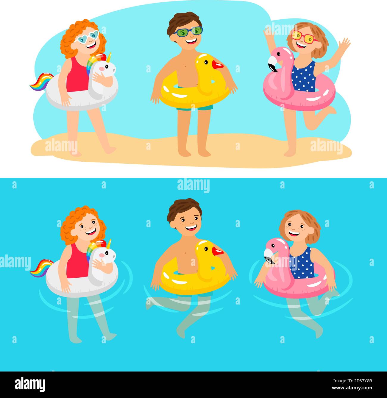 Happy kids with pool swimming rings. Funny and fun children with