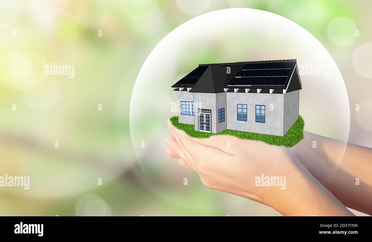 Women's hands holding a sheltered house. Home insurance, bank mortgage and home security concept Stock Photo