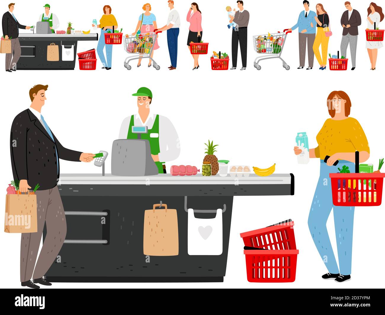 Grocery shopping queue. Shop queues people, cartoon retail store customers  in long line and cashier staff, groceries supermarket crowd waiting, vector  illustration Stock Vector Image & Art - Alamy