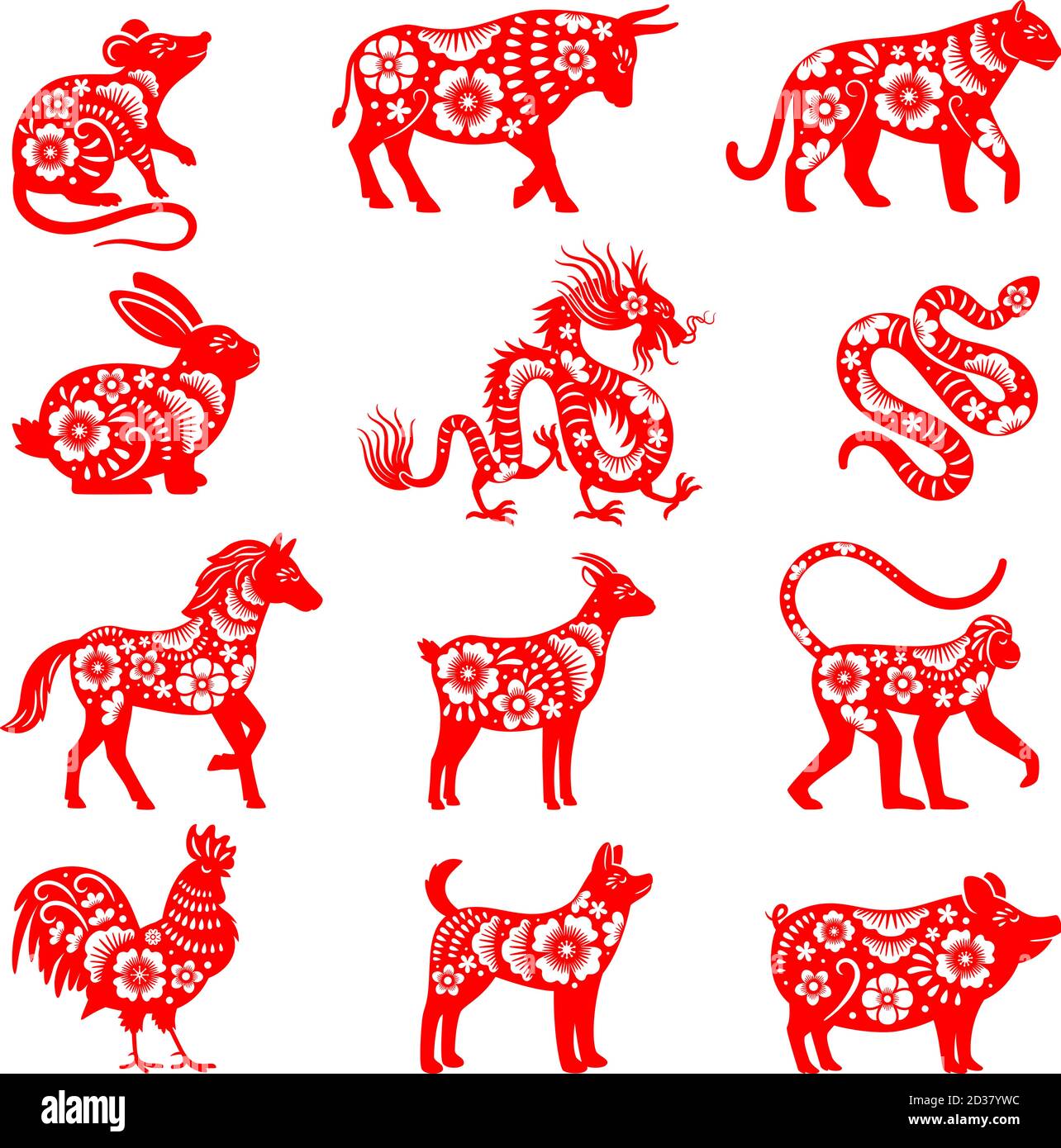 Traditional chinese zodiac illustrations. Vector china horoscope animal symbols, bull and mouse, pig and dragon vectors for papercut Stock Vector