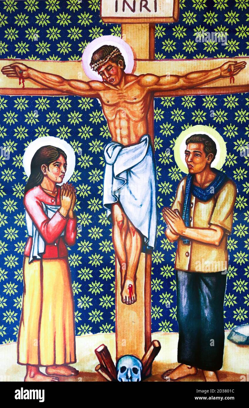 Asian depiction of the Way of the Cross Jesus Christ. Inside a catholic church in Phnom Pemh, Cambodia   ---   Asiatische Darstellung des Kreuzweg Jesus Christus in einer katholischen Kirche in Phnom Pemh, Kambodscha Stock Photo