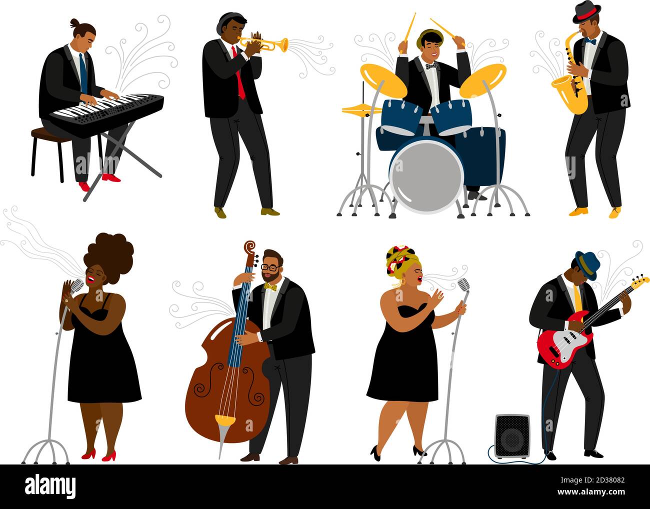 Cartoon jazz band musicians on white. Musical player with music instruments and singing women characters on rehearsal, piano and saxsophone, trumpet and drums people, vector illustration Stock Vector