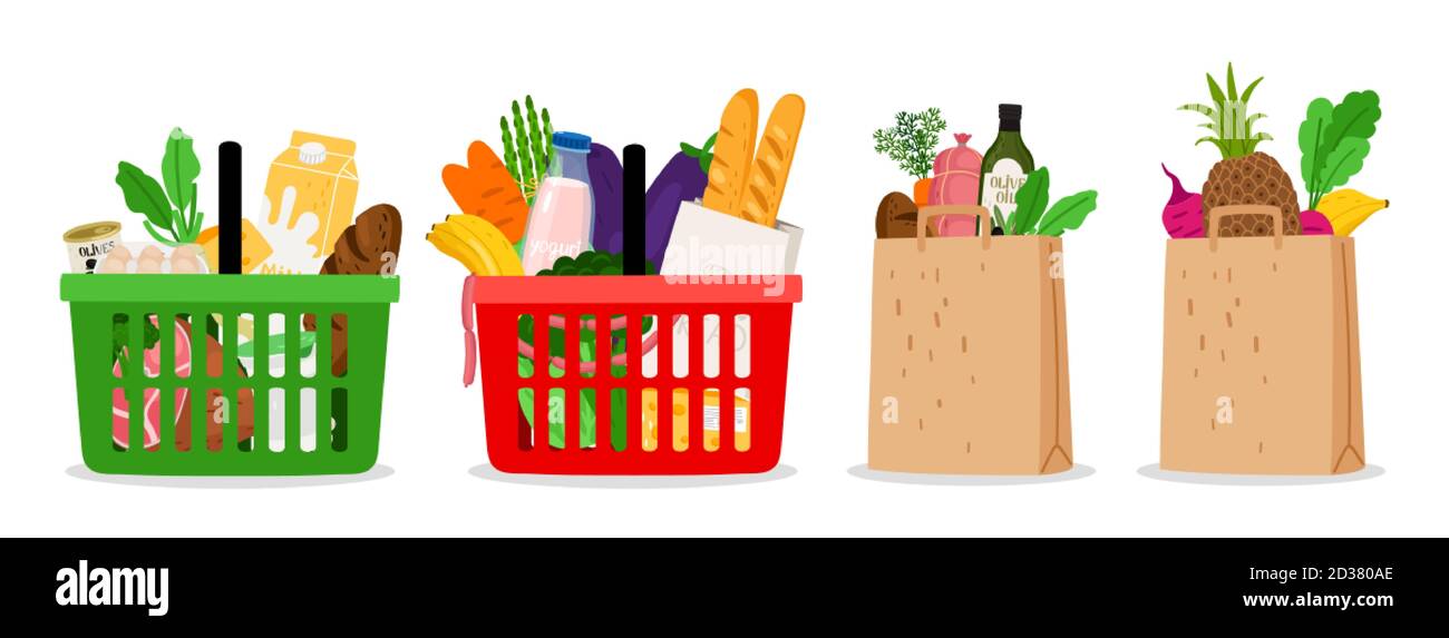 Grocery food basket. Eco shopping bags and baskets with food. Vector supermarket illustration Stock Vector