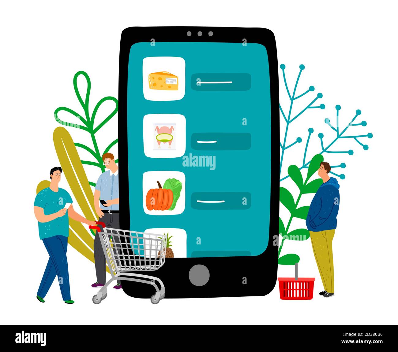Grocery online. Mobile supermarket and tiny men with shopping baskets ...