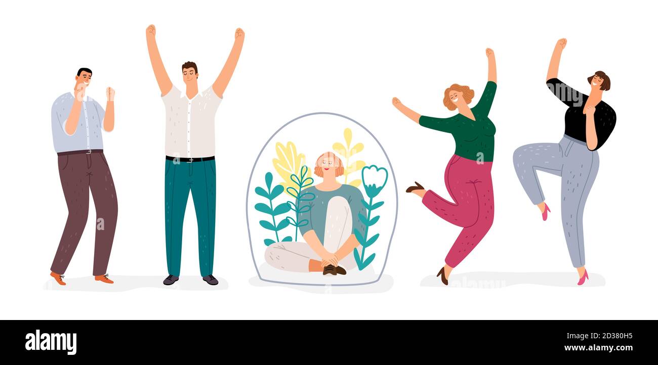 Introvert vs extravert. Introverted girl character, flat happy men and woman dancing. Extraversion, Introversion vector concept Stock Vector