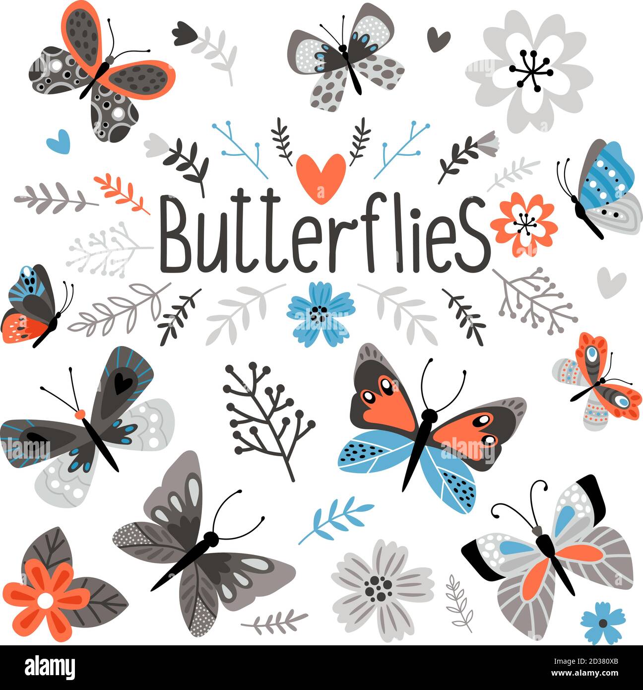Cute butterflies and pretty flowers. Printed textile elements, spring garden beautiful naive style flora and insects vector signs isolated on white background Stock Vector