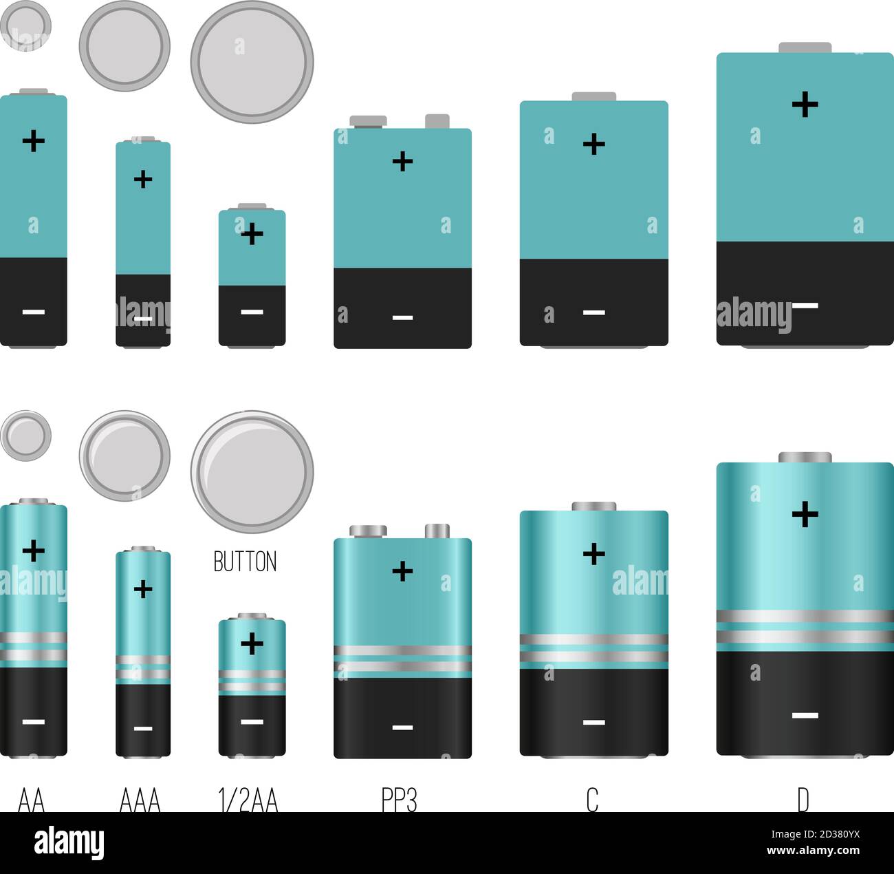 Battery size illustration. Batteries sizes vector image isolated, batterys styles, different batterie electronic industrial objects, lithium chemical electrical componenets Stock Vector