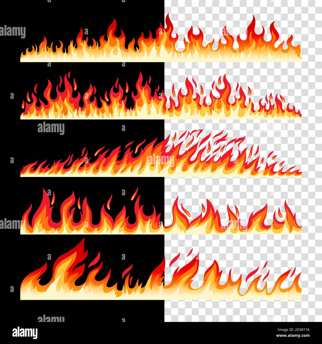 Horizontal seamless fire borders on checkerd and black bacground, vector icons collection Stock Vector