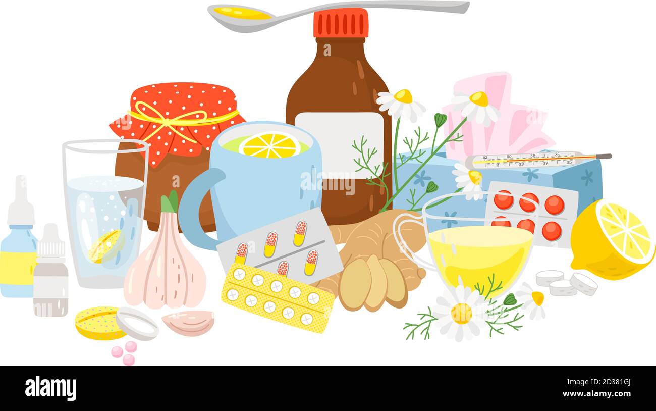 Cold medicine, pills syrup, tea with lemon, garlic, ginger. Remedy natural, camomile and bottle