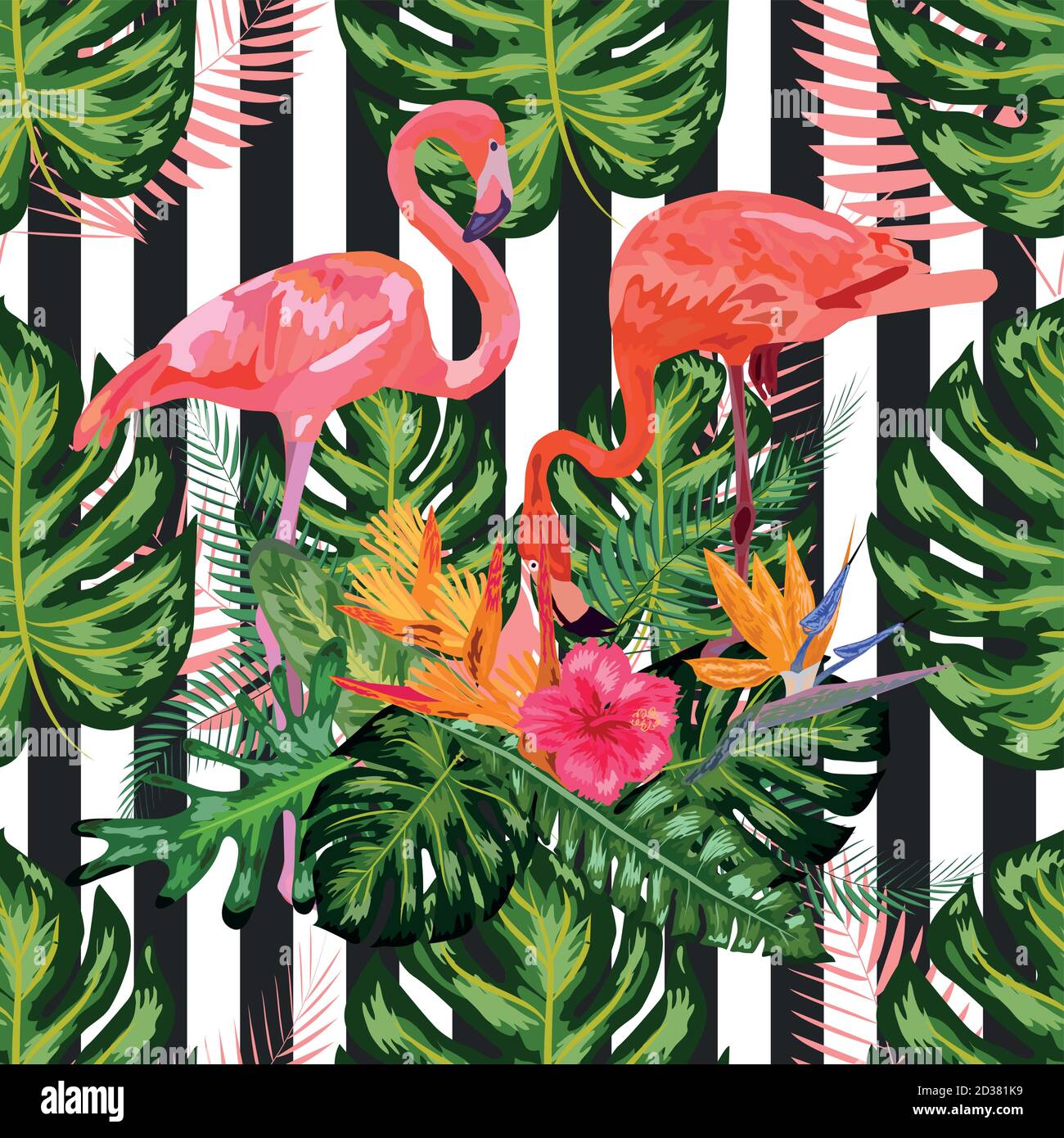 pink flamingos hibiscus, monstera, banana leaf Tropic summer seamless  pattern. black white striped background Stock Vector Image & Art - Alamy