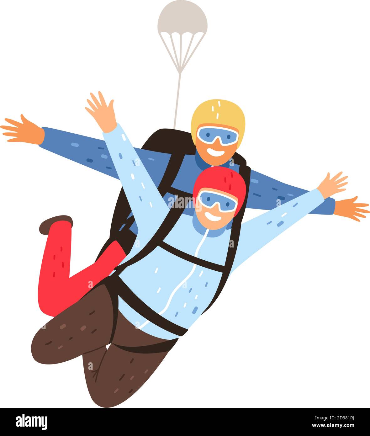 Tandem parachute jump. Parachuting with instructor and excited skydiver, professional skydiving training cartoon vector illustration Stock Vector