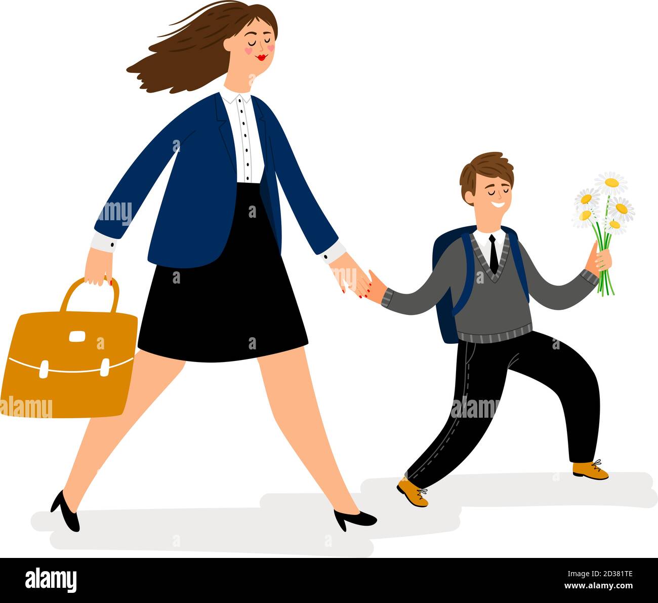 Mother with son going in school, boy bring flowers. Parent hold kid and walk to study. Vector illustration Stock Vector