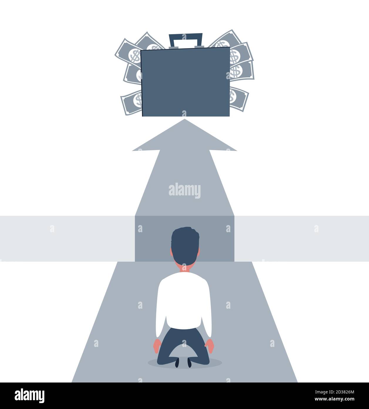 Sad businessman kneeling and looking down over big gap on way and money in suitcase at the top of it . Big fail. Stock Vector