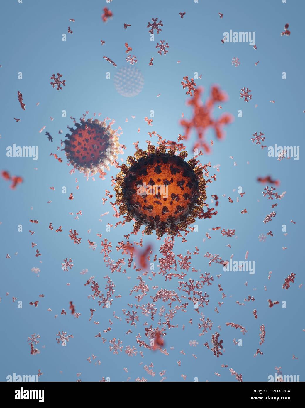 Cluster of human antibodies (igG and igM) attacking a Corona virus (Covid 19). An accurate model based on scientific structural data from the PDB. Stock Photo