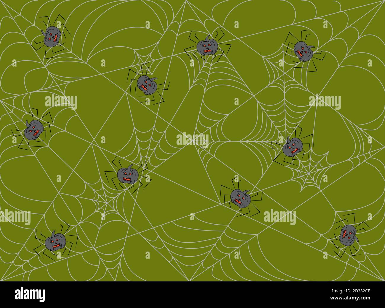 Green background with spiders web and pumpkins Stock Vector