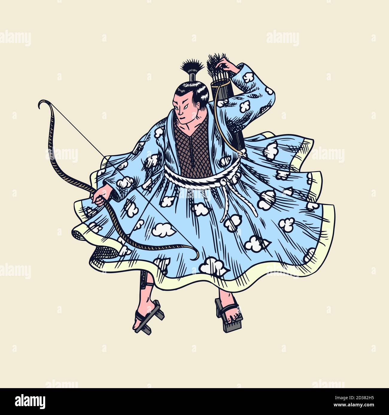 Japanese samurai. Warriors with weapons sketch. Men in a fight pose. Hand drawn vintage sketches. Vector illustration in monochrome style. Stock Vector